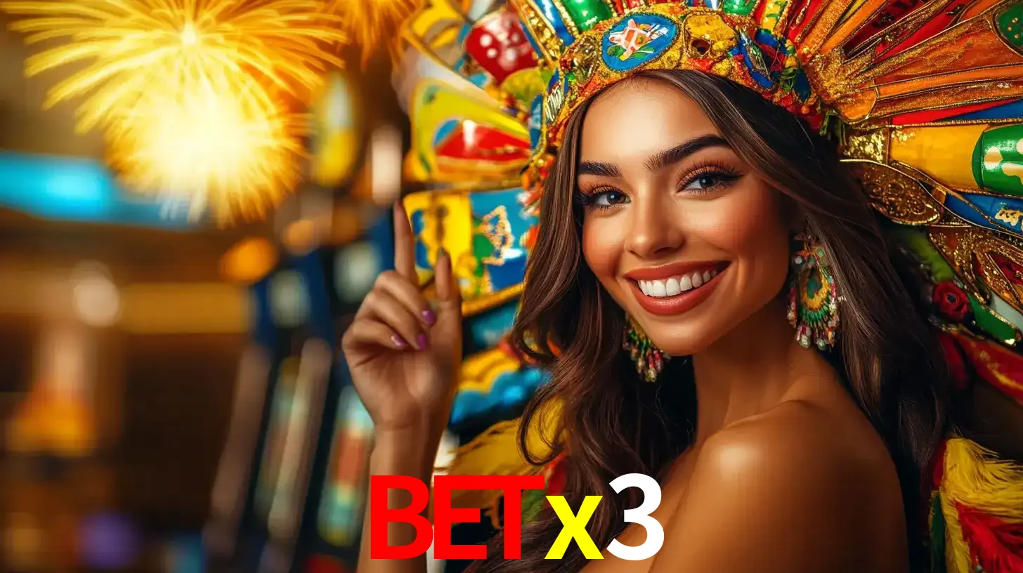 Mulher sorridente com um cocar de carnaval vibrante e colorido, celebrando uma grande vitória nos jogos do cassino betx3 com fogos de artifício ao fundo.