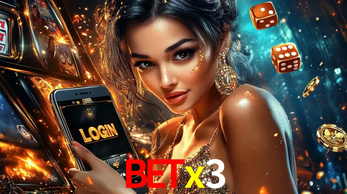 Mulher glamourosa segurando um celular com a tela de login do cassino betx3, rodeada por dados e moedas douradas, pronta para começar a diversão.