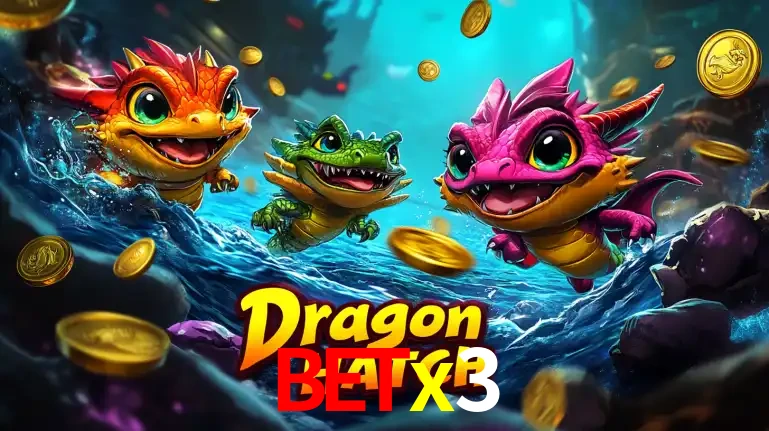 Arte promocional do jogo Dragon Hatch com três adoráveis dragões bebês nadando entre moedas de ouro, um dos slots mais divertidos para jogar no cassino betx3.