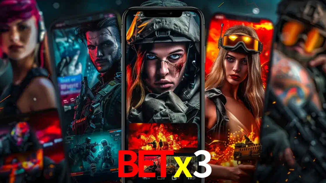 Montagem de telas de celular mostrando diversos personagens, masculinos e femininos, de um jogo de tiro, ilustrando a diversidade de equipes de e-sports para apostar no betx3.