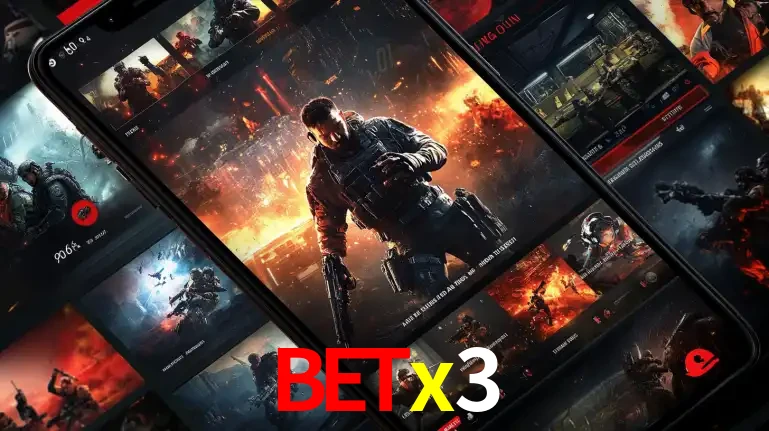 Tela de um celular exibindo uma galeria de jogos de tiro com temática militar, mostrando a variedade de e-sports disponíveis para apostas na plataforma de entretenimento betx3.