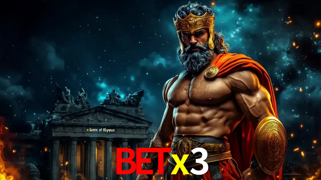 O poderoso Zeus do jogo de slot Gates of Olympus em frente ao seu templo, pronto para lançar multiplicadores divinos e prêmios épicos no cassino online betx3.