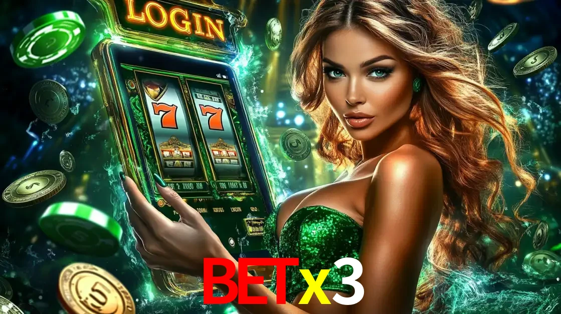 Mulher com tema verde apresentando o aplicativo do cassino betx3 com um jogo de slot de 777, cercada por fichas de cassino e uma aura de sorte.