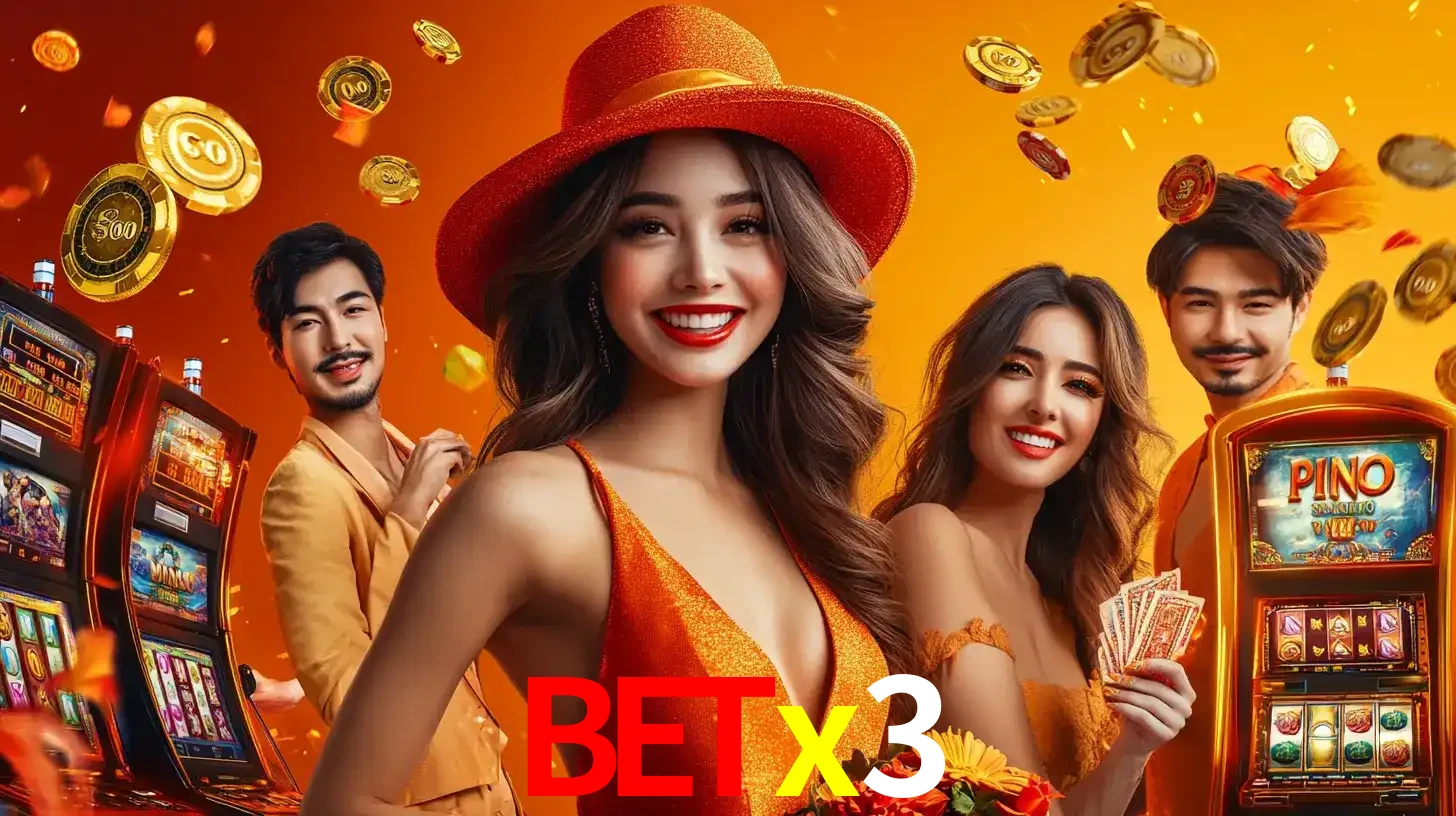Grupo de amigos asiáticos sorrindo e se divertindo com máquinas de caça-níqueis em um ambiente festivo, celebrando suas vitórias nos jogos de cassino do betx3.