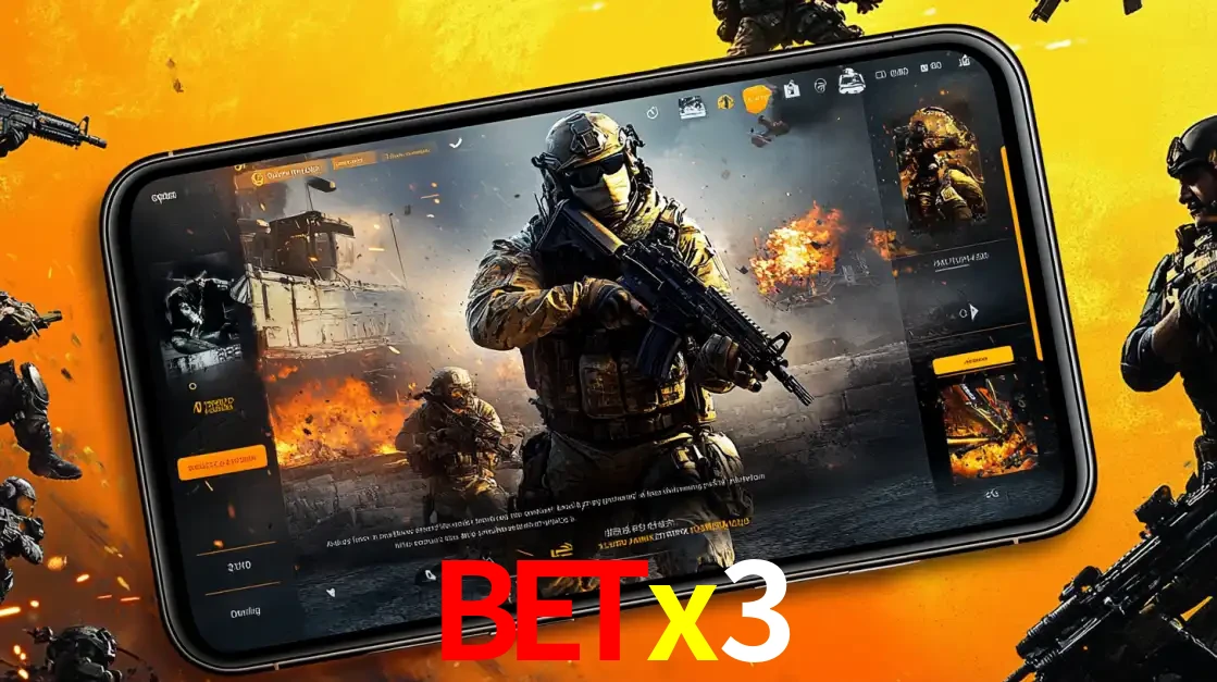 Um smartphone exibindo a interface de um jogo de tiro em primeira pessoa, com um soldado em um cenário de batalha, representando a ação dos e-sports para apostar no betx3.