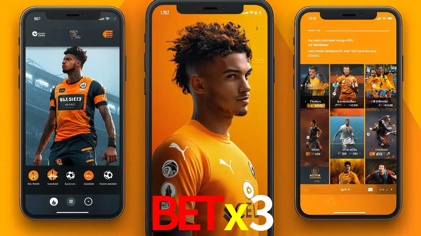 Interface do aplicativo de apostas esportivas betx3 em três telas de celular, mostrando o perfil de um jogador de futebol e a lista de jogos disponíveis para apostar.