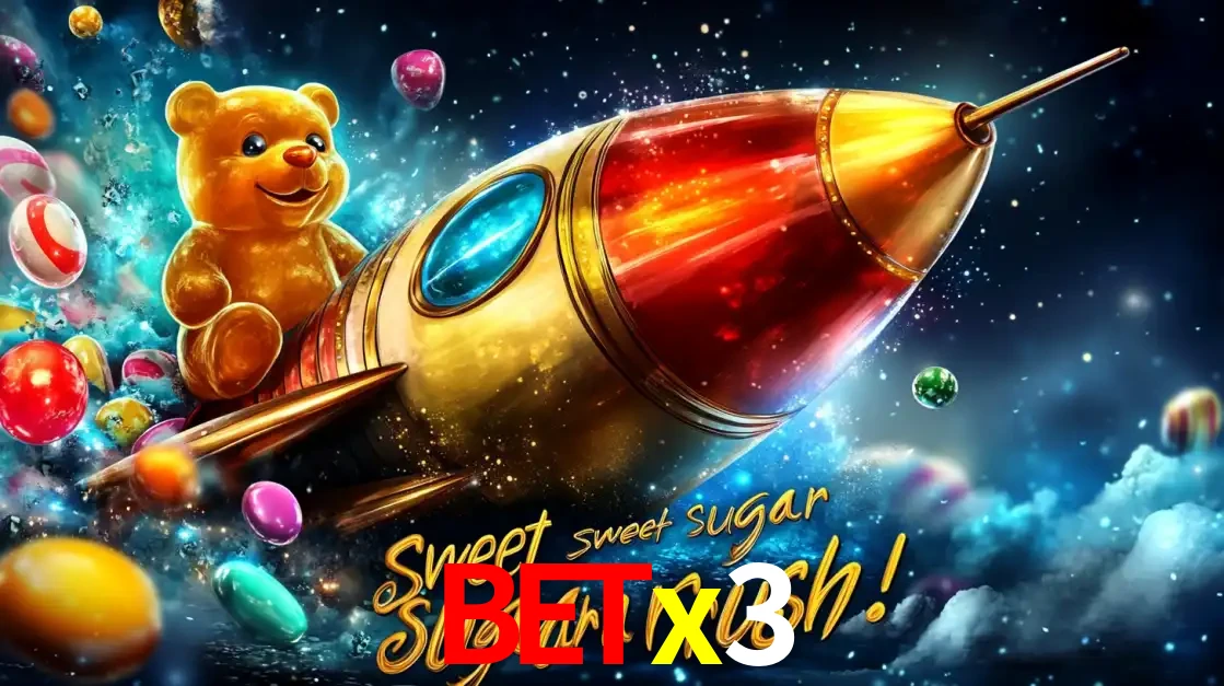 Arte promocional do jogo de slot Sugar Rush, com um urso de pelúcia em um foguete viajando pelo espaço de doces, um dos jogos divertidos disponíveis no cassino betx3.