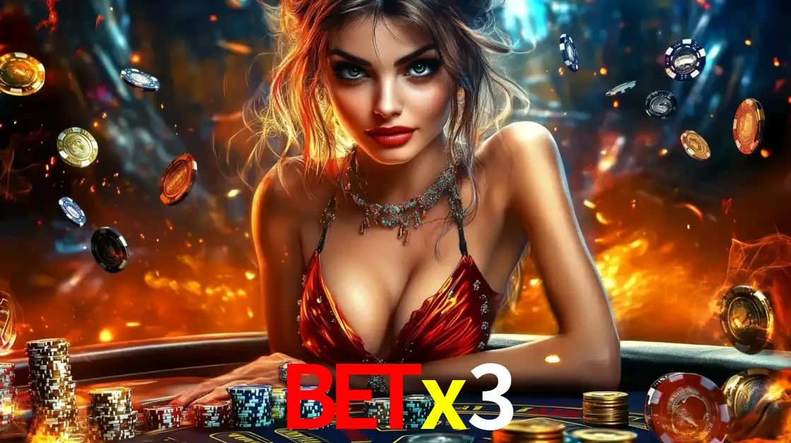 Mulher em uma mesa de cassino com pilhas de fichas e um fundo de fogo, pronta para uma rodada de altas apostas nos jogos de mesa emocionantes do cassino betx3.