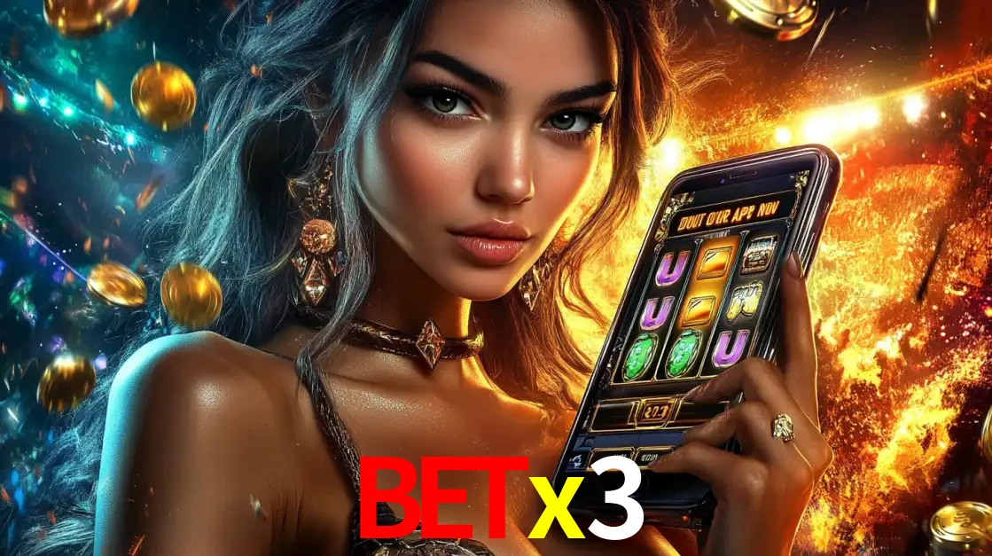 Mulher elegante mostrando um jogo de caça-níqueis em seu smartphone, destacando a experiência de cassino móvel oferecida pelo aplicativo betx3.