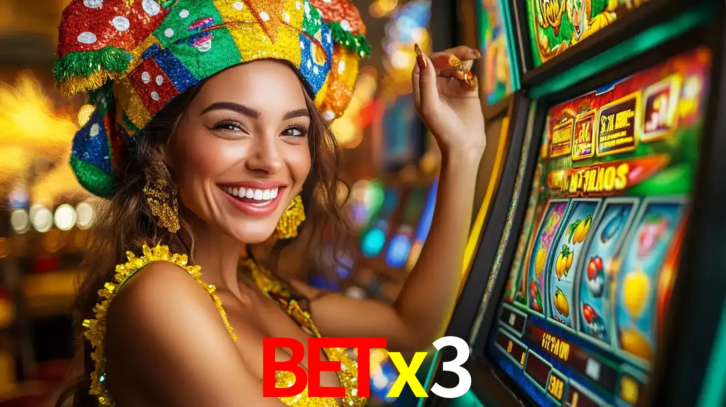 Mulher feliz com traje de carnaval amarelo e colorido ao lado de uma máquina de caça-níqueis, aproveitando a diversão e os jogos temáticos do cassino betx3.
