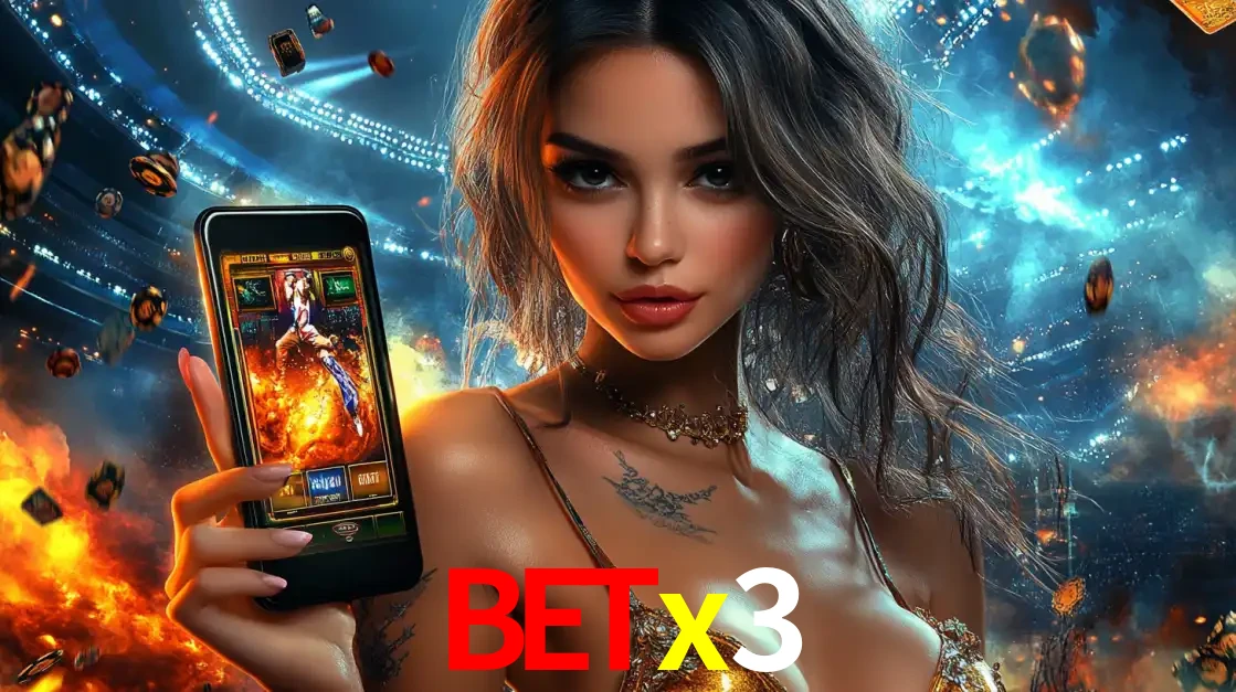 Mulher segurando um celular com um jogo de slot em destaque, tendo como fundo um estádio vibrante, simbolizando a emoção de jogar no cassino móvel betx3.